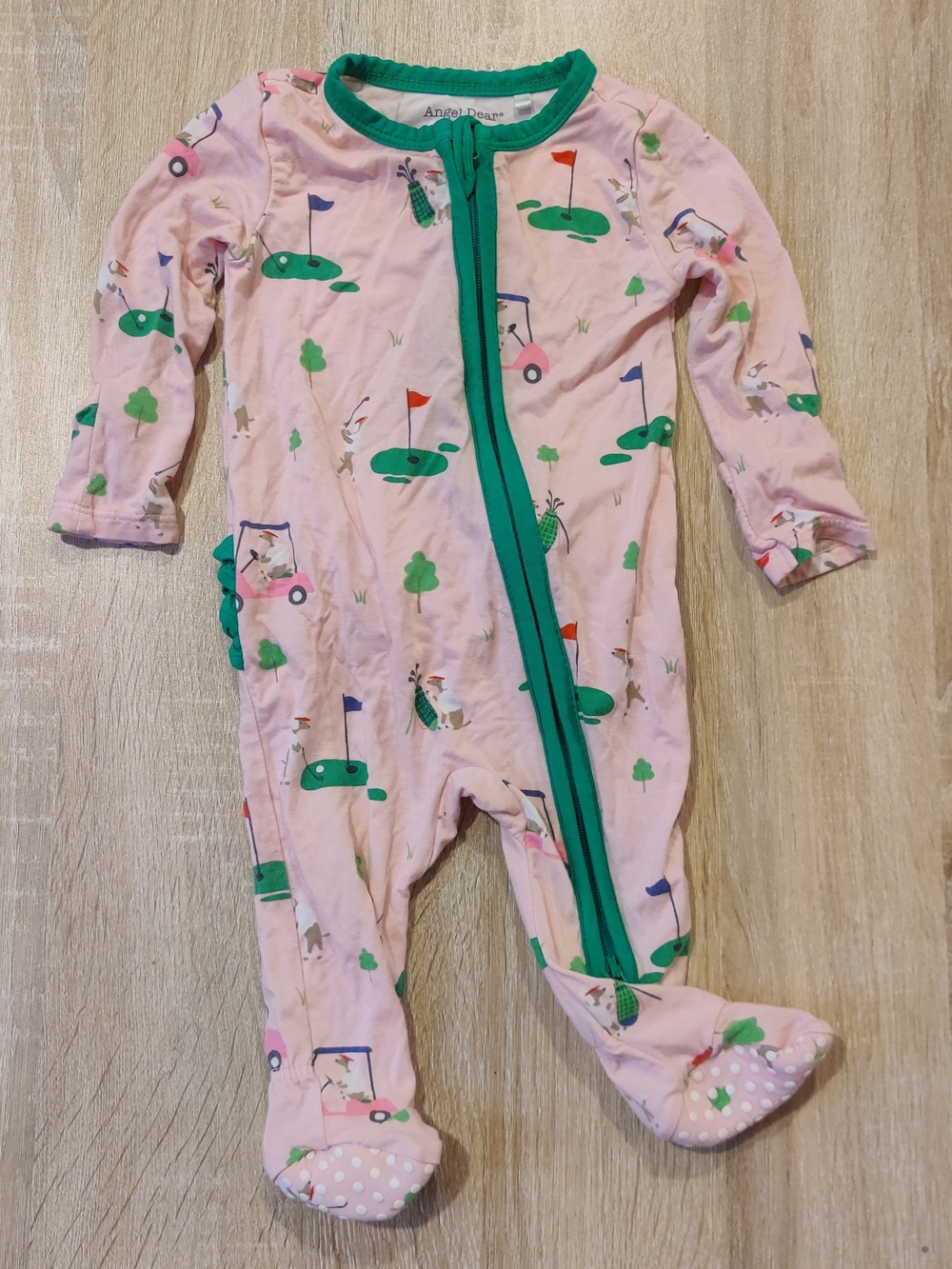 Angel Dear Pink Golf & Poodle Dog Footed One-Piece with Green Trim Size 0-3mo